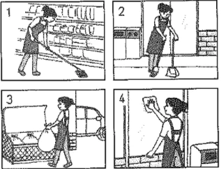 Picture options. Option 1: Woman sweeping inside a shop Option 2: Woman sweeping outside a shop Option 3: Woman carrying a trash bag outside a shop Option 4: Woman hanging a sign/poster on a shop window — from the JLPT N4 2018 listening section
