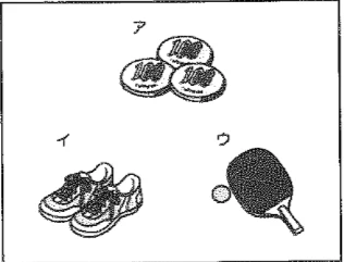 Scene: Three items: ア (three 100-yen coins), イ (a pair of shoes), ウ (a ping-pong paddle and ball) — from the JLPT N4 2018 listening section