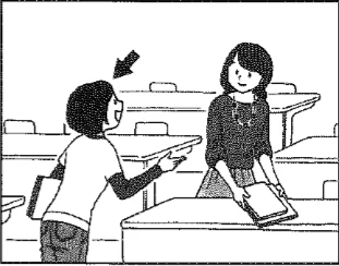 Scene: In a classroom, a student is standing and pointing at something on the teacher's desk. The arrow points to the standing student — from the JLPT N4 2018 listening section
