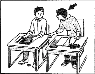 Scene: Two people are sitting at desks. One person is leaning over to show the other person something. The arrow points to the person leaning over — from the JLPT N4 2018 listening section