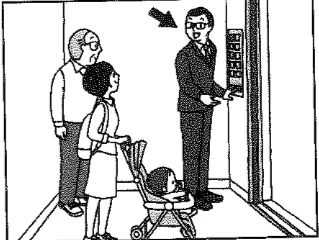 Scene: A group of people are waiting for an elevator. One man is reaching for the elevator buttons. The arrow points to the man reaching for the buttons — from the JLPT N4 2018 listening section