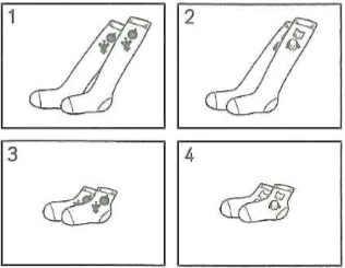 Picture options. Option 1: Long socks with floral patterns near the cuff Option 2: Long socks with star/diamond patterns near the cuff Option 3: Ankle-high socks with floral patterns near the cuff Option 4: Ankle-high socks with star/diamond patterns near the cuff — from the JLPT N5 2010–2011 listening section