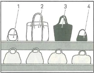 Scene: A shop shelf displaying bags on two tiers. The top shelf features four distinct bags labeled 1, 2, 3, and 4. The bottom shelf has four other bags without labels — from the JLPT N5 2010–2011 listening section