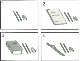 Picture options. Option 1: Three writing utensils and an eraser Option 2: A flat notebook, three writing utensils, and an eraser Option 3: A thick dictionary/book, three writing utensils, and an eraser Option 4: A pair of scissors, three writing utensils, and an eraser — from the JLPT N5 2010–2011 listening section