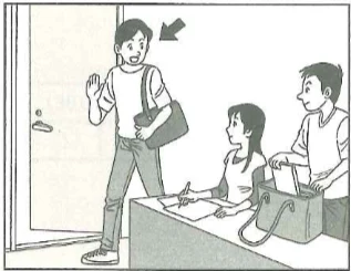 Scene: An office or school reception desk. A clerk is seated behind the counter. A student with a backpack approaching the desk has a gray arrow pointing to him — from the JLPT N5 2010–2011 listening section