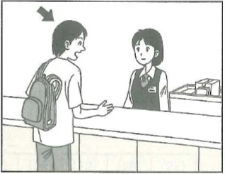 Scene: At a counter. A young man with a backpack has a gray arrow pointing to him, speaking with a female store clerk who is standing behind the counter — from the JLPT N5 2010–2011 listening section