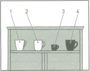 Scene: Four different cups are on a shelf, each numbered 1 through 4 — from the JLPT N5 Dec 2012 listening section