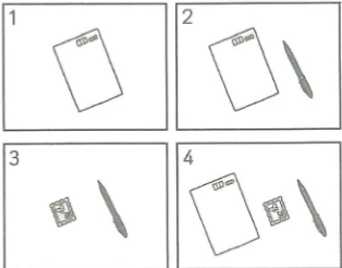 Picture options. Option 1: a notebook Option 2: a notebook and a pen Option 3: a small card/eraser and a pen Option 4: a notebook, a small card/eraser, and a pen — from the JLPT N5 Dec 2012 listening section