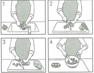 Picture options. Option 1: cutting an onion on a board Option 2: cutting a carrot on a board Option 3: cutting meat/fish on a board Option 4: mixing ingredients in a bowl — from the JLPT N5 Dec 2012 listening section
