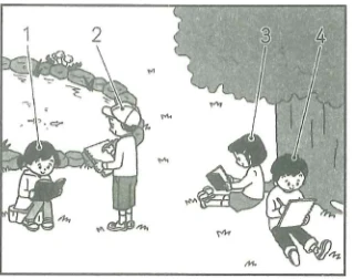 Scene: A park scene with children. The numbers 1, 2, 3, and 4 point to different boys — from the JLPT N5 Dec 2012 listening section