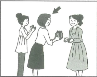Scene: A woman is handing a gift box to another woman; the arrow points to the woman receiving the gift — from the JLPT N5 Dec 2012 listening section