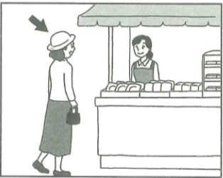 Scene: A woman stands in front of a food stall/shop; the arrow points to the woman — from the JLPT N5 Dec 2012 listening section
