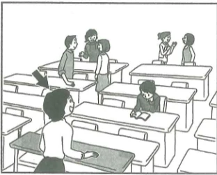 Scene: A classroom setting; a student is standing up at a desk; the arrow points to the standing student — from the JLPT N5 Dec 2012 listening section