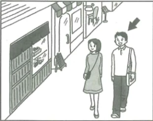 Scene: A man and woman are walking in front of shops; the arrow points to the man — from the JLPT N5 Dec 2012 listening section