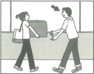 Scene: A woman is carrying a large box toward a man; the arrow points to the man — from the JLPT N5 Dec 2012 listening section