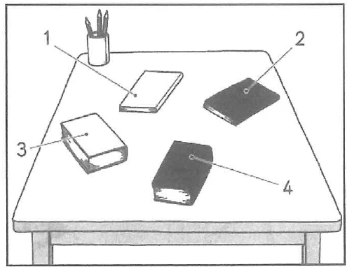 Scene: A desk/table with various stationery items on it. Line 1 points to a cup holding pens, line 2 points to a dark-covered book, line 3 points to a small light-colored rectangular box, and line 4 points to a dark pencil case — from the JLPT N5 July 2013 listening section