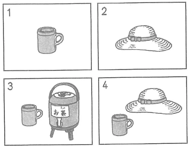 Picture options. Option 1: A single mug. Option 2: A straw hat. Option 3: An insulated tea dispenser labeled 'お茶' next to a mug. Option 4: A straw hat next to a mug — from the JLPT N5 July 2013 listening section
