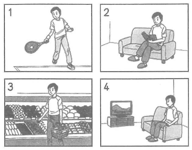 Picture options. Option 1: A man playing table tennis. Option 2: A man sitting on a sofa reading a book. Option 3: A man shopping in a grocery store, holding a basket. Option 4: A man sitting on a sofa watching television — from the JLPT N5 July 2013 listening section