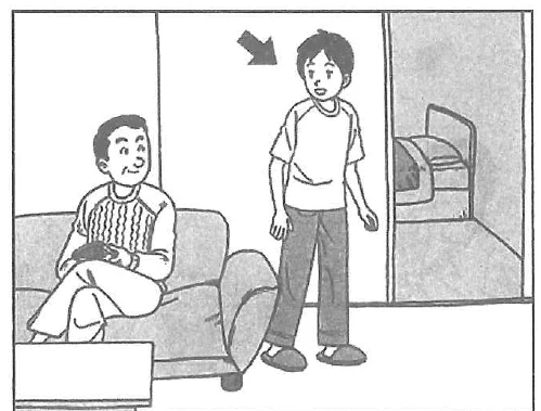 Scene: A young man standing in the doorway of a room, looking towards an older man sitting on a sofa. An arrow points to the standing young man — from the JLPT N5 July 2013 listening section