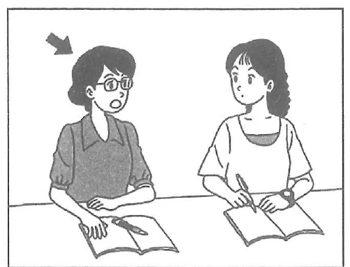 Scene: Two women sitting side-by-side at a desk studying. The woman on the left is holding a pen and looking at the other. An arrow points to the woman on the left — from the JLPT N5 July 2013 listening section