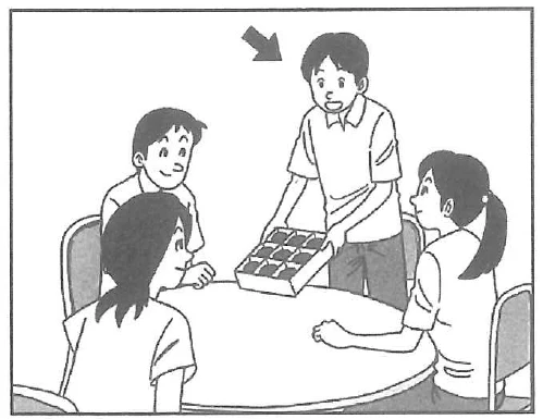 Scene: A standing young man is holding out a box of chocolates/sweets to three people seated at a round table. An arrow points to the standing young man — from the JLPT N5 July 2013 listening section