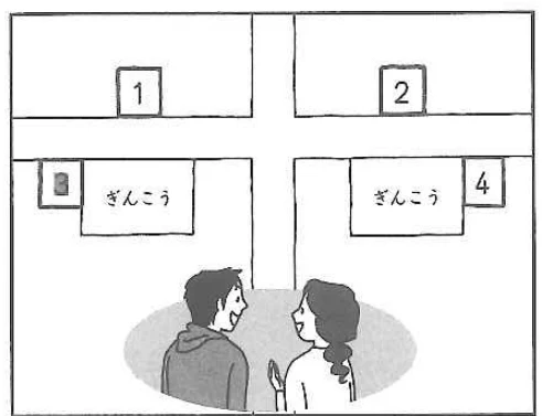 Scene: Two people talking in a hallway with numbered doors — from the JLPT N5 2018 listening section