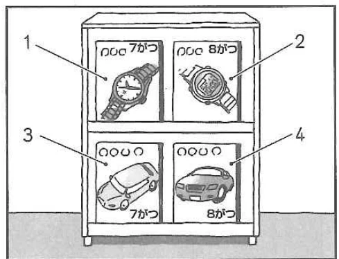 Scene: A display shelf with watches and cars — from the JLPT N5 2018 listening section