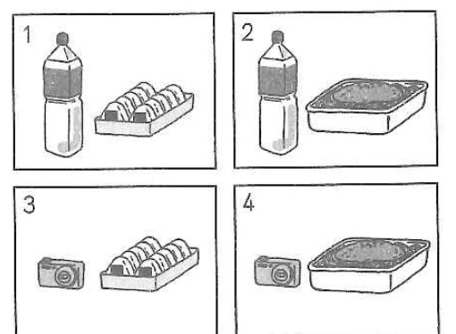 Picture options. Option 1: Plastic bottle and egg tray Option 2: Plastic bottle and meat tray Option 3: Can and egg tray Option 4: Can and meat tray — from the JLPT N5 2018 listening section