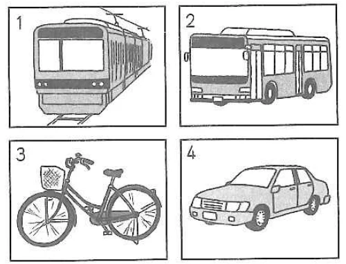 Picture options. Option 1: Train Option 2: Bus Option 3: Bicycle Option 4: Car — from the JLPT N5 2018 listening section