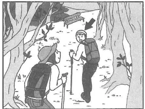 Scene: Arrow points to a person hiking who is catching up to another person sitting on a bench — from the JLPT N5 2018 listening section
