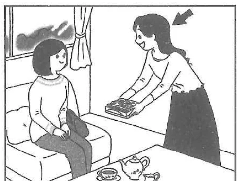 Scene: Arrow points to a woman handing a small gift box to a seated friend — from the JLPT N5 2018 listening section