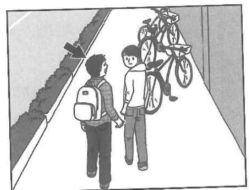 Scene: Arrow points to a person walking on a sidewalk with bicycles nearby, talking to a companion — from the JLPT N5 2018 listening section